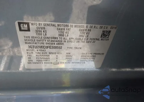 2015 GMC Sierra 1500 Slt z USA, uszkodzony, nr VIN 3GTU2VEC0FG308592